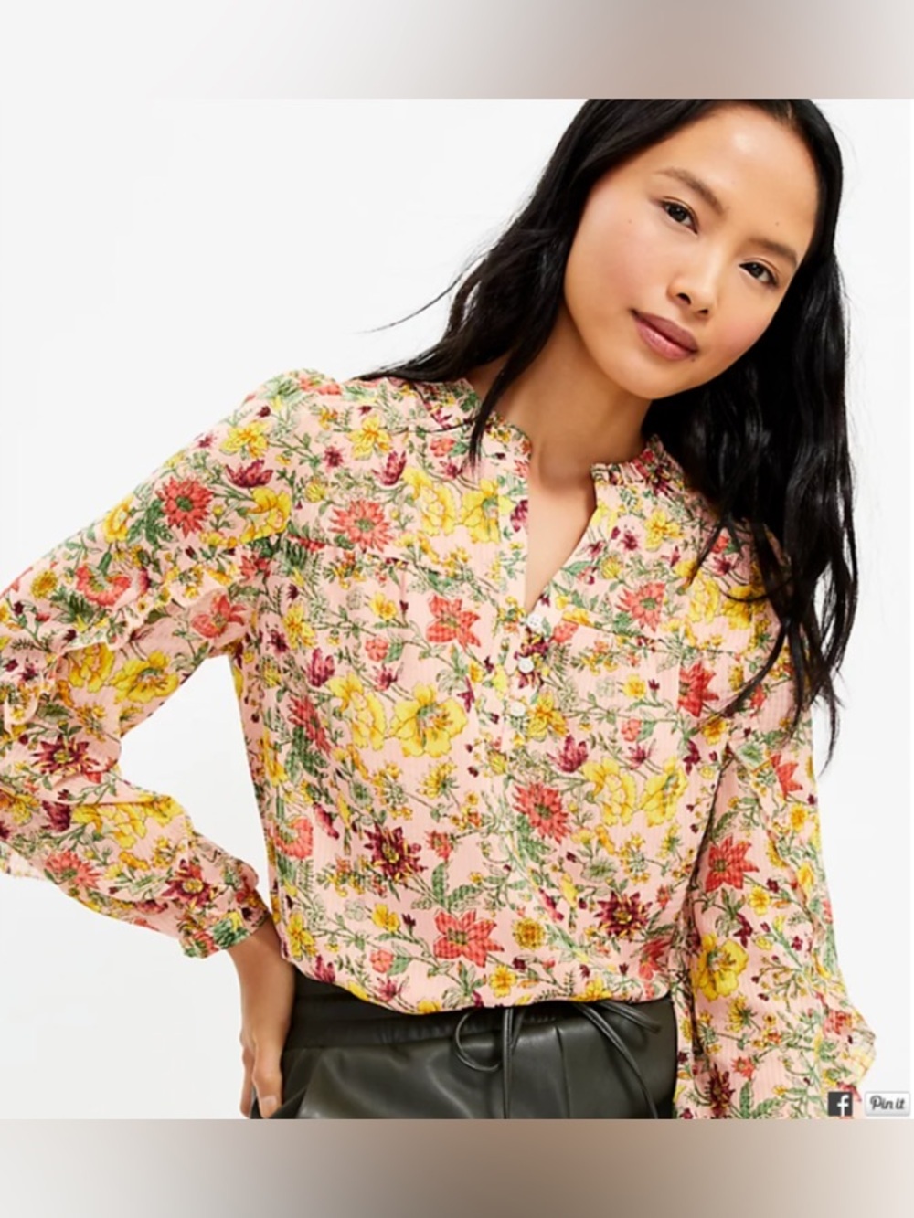 LOFT Pink Floral Long-Sleeve Split-Neck Blouse